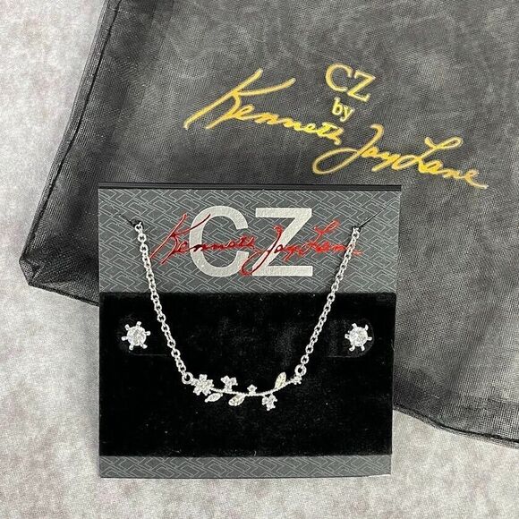 NEW Kenneth Jay Lane Necklace and Earrings Coordinating Set Silver CZ Jewelry - Picture 3 of 12